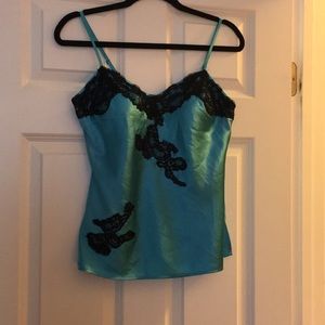 Cache Teal and Black Silk Top Size Medium